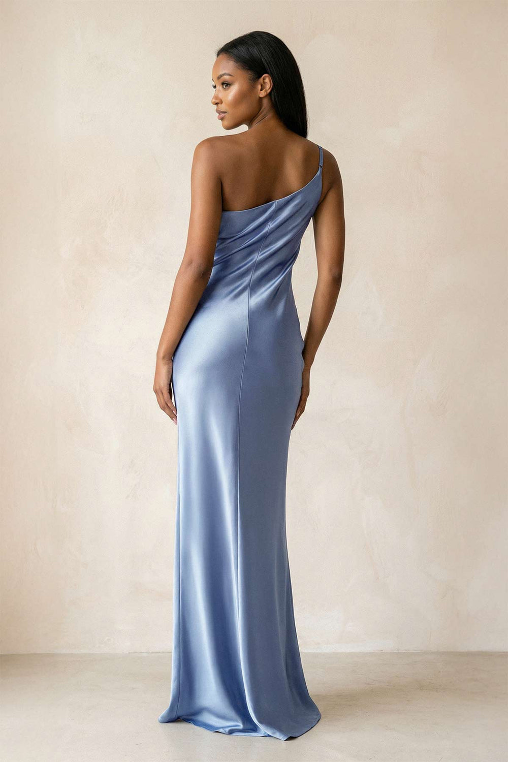 One - Shoulder Sheath Ruched Bridesmaid Dress in Mist - KISS BRIDAL Bridesmaid Dresses