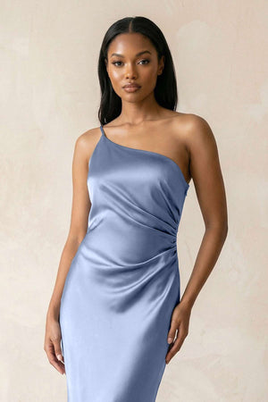 One - Shoulder Sheath Ruched Bridesmaid Dress in Mist - KISS BRIDAL Bridesmaid Dresses