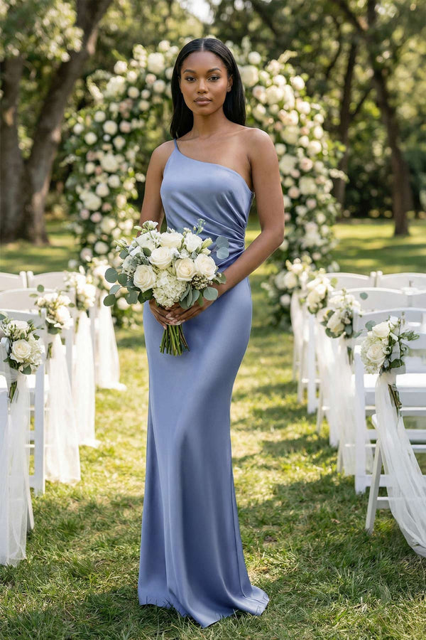 One - Shoulder Sheath Ruched Bridesmaid Dress in Mist - KISS BRIDAL Bridesmaid Dresses