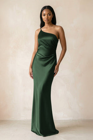 One - Shoulder Sheath Ruched Bridesmaid Dress in Moss - KISS BRIDAL Bridesmaid Dresses