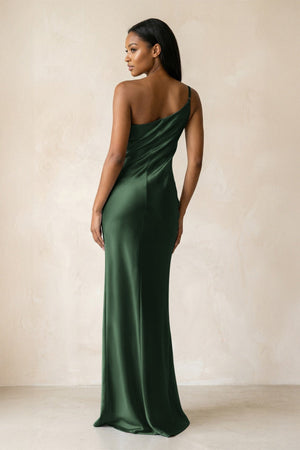 One - Shoulder Sheath Ruched Bridesmaid Dress in Moss - KISS BRIDAL Bridesmaid Dresses