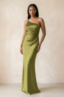 One - Shoulder Sheath Ruched Bridesmaid Dress in Moss Green - KISS BRIDAL Bridesmaid Dresses