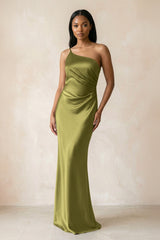 One - Shoulder Sheath Ruched Bridesmaid Dress in Moss Green - KISS BRIDAL Bridesmaid Dresses