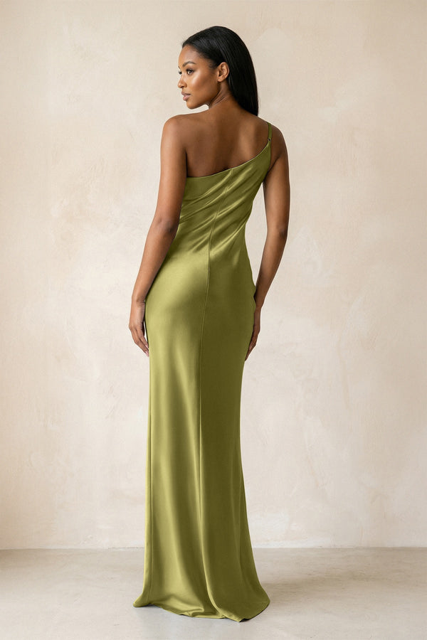 One - Shoulder Sheath Ruched Bridesmaid Dress in Moss Green - KISS BRIDAL Bridesmaid Dresses
