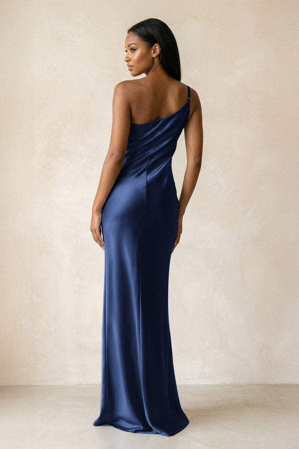 One - Shoulder Sheath Ruched Bridesmaid Dress in Navy - KISS BRIDAL Bridesmaid Dresses