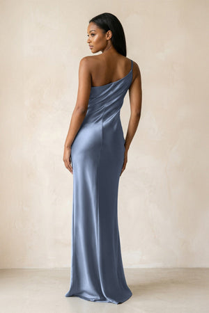 One - Shoulder Sheath Ruched Bridesmaid Dress in Neptune - KISS BRIDAL Bridesmaid Dresses