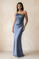 One - Shoulder Sheath Ruched Bridesmaid Dress in Neptune - KISS BRIDAL Bridesmaid Dresses