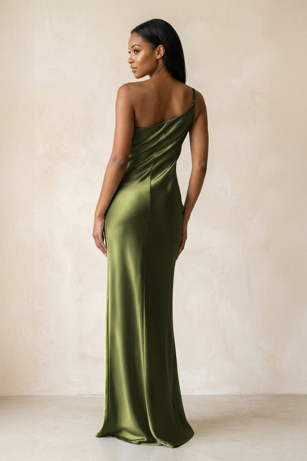 One - Shoulder Sheath Ruched Bridesmaid Dress in Olive - KISS BRIDAL Bridesmaid Dresses
