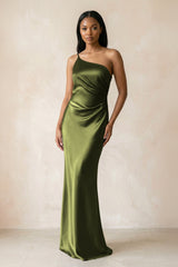 One - Shoulder Sheath Ruched Bridesmaid Dress in Olive - KISS BRIDAL Bridesmaid Dresses