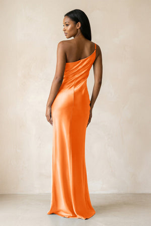 One - Shoulder Sheath Ruched Bridesmaid Dress in Orange - KISS BRIDAL Bridesmaid Dresses