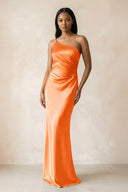 One - Shoulder Sheath Ruched Bridesmaid Dress in Orange - KISS BRIDAL Bridesmaid Dresses