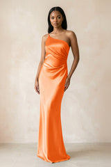 One - Shoulder Sheath Ruched Bridesmaid Dress in Orange - KISS BRIDAL Bridesmaid Dresses