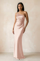 One - Shoulder Sheath Ruched Bridesmaid Dress in Pale Blush - KISS BRIDAL Bridesmaid Dresses