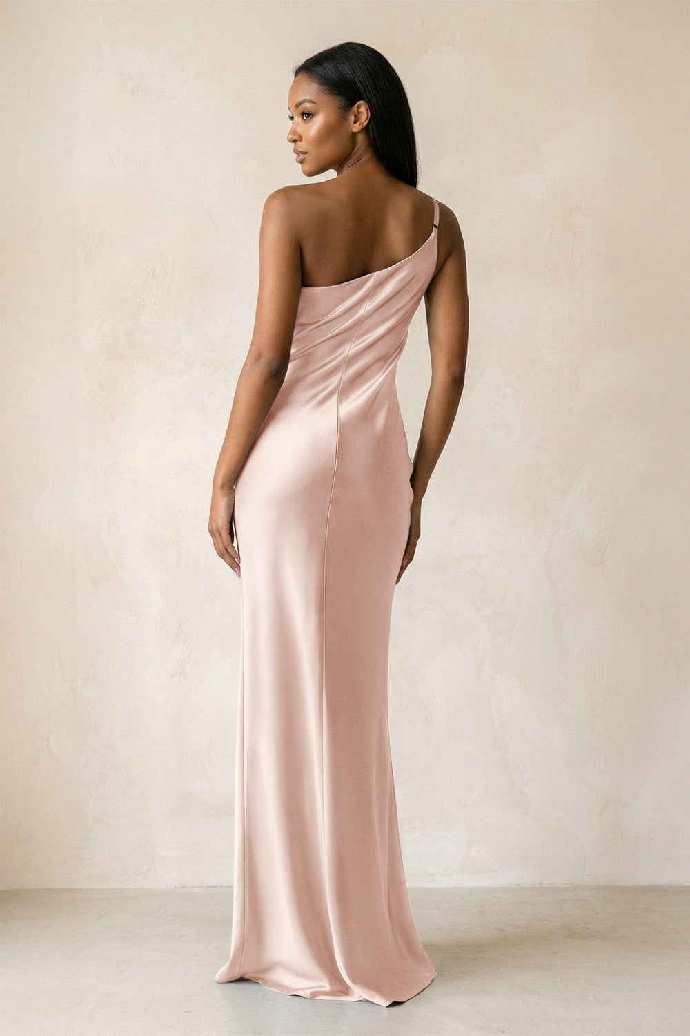 One - Shoulder Sheath Ruched Bridesmaid Dress in Pale Blush - KISS BRIDAL Bridesmaid Dresses