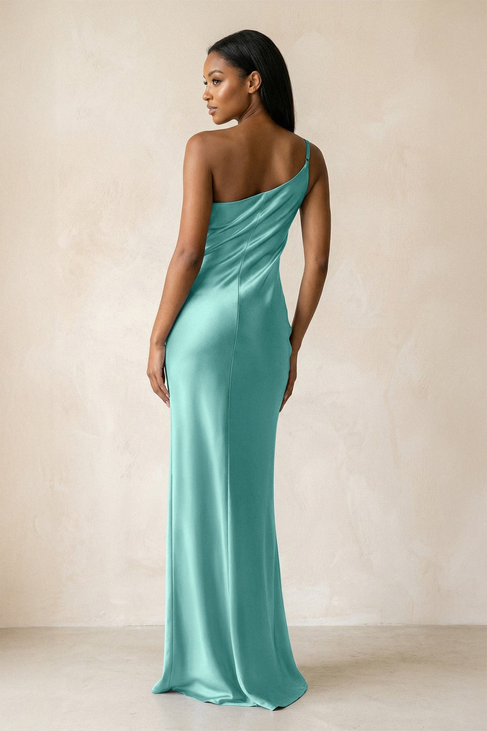 One - Shoulder Sheath Ruched Bridesmaid Dress in Pale Pistachio - KISS BRIDAL Bridesmaid Dresses