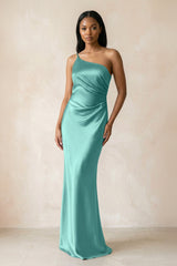 One - Shoulder Sheath Ruched Bridesmaid Dress in Pale Pistachio - KISS BRIDAL Bridesmaid Dresses