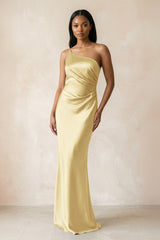 One - Shoulder Sheath Ruched Bridesmaid Dress in Pastel Yellow - KISS BRIDAL Bridesmaid Dresses