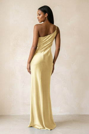 One - Shoulder Sheath Ruched Bridesmaid Dress in Pastel Yellow - KISS BRIDAL Bridesmaid Dresses