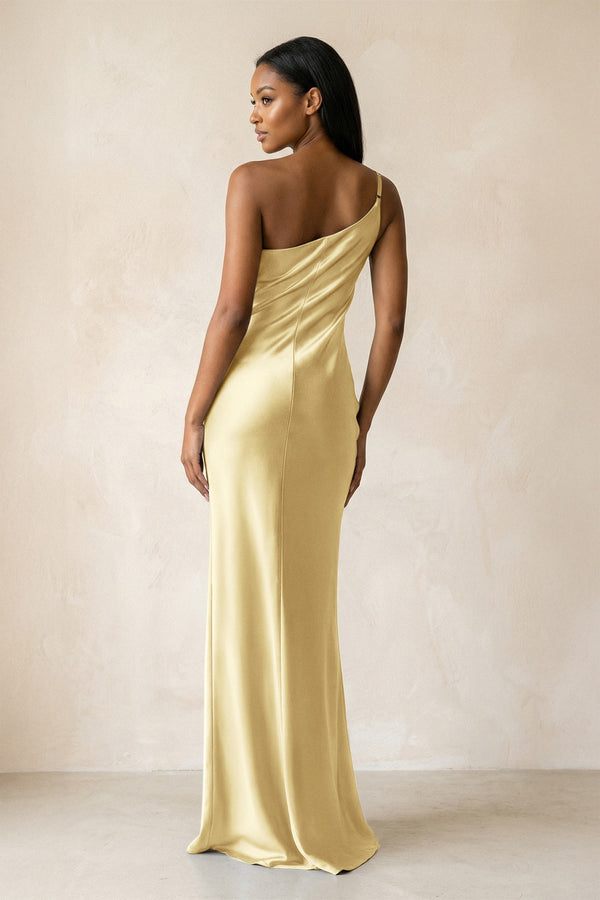 One - Shoulder Sheath Ruched Bridesmaid Dress in Pastel Yellow - KISS BRIDAL Bridesmaid Dresses