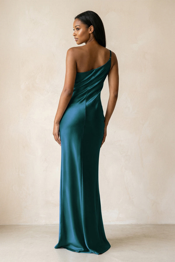 One - Shoulder Sheath Ruched Bridesmaid Dress in Pine - KISS BRIDAL Bridesmaid Dresses