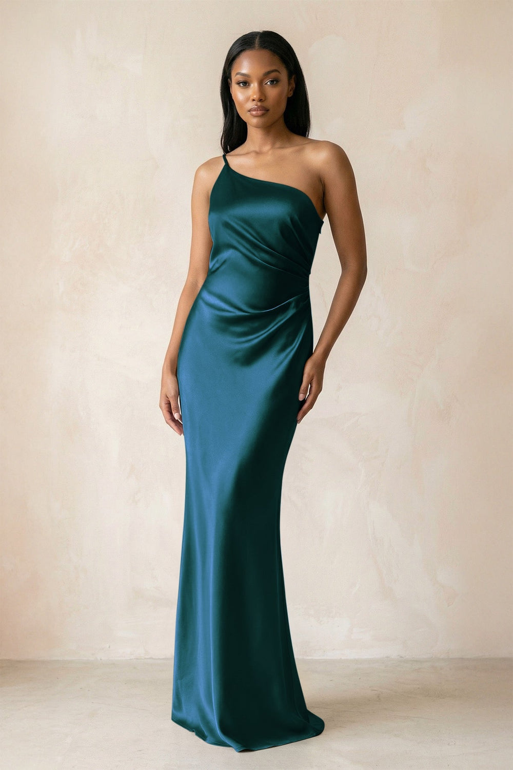 One - Shoulder Sheath Ruched Bridesmaid Dress in Pine - KISS BRIDAL Bridesmaid Dresses