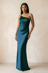 One - Shoulder Sheath Ruched Bridesmaid Dress in Pine - KISS BRIDAL Bridesmaid Dresses