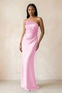 One - Shoulder Sheath Ruched Bridesmaid Dress in Pink - KISS BRIDAL Bridesmaid Dresses