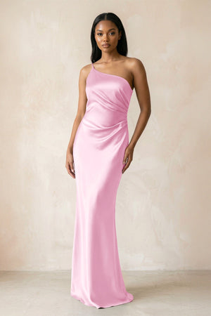 One - Shoulder Sheath Ruched Bridesmaid Dress in Pink - KISS BRIDAL Bridesmaid Dresses