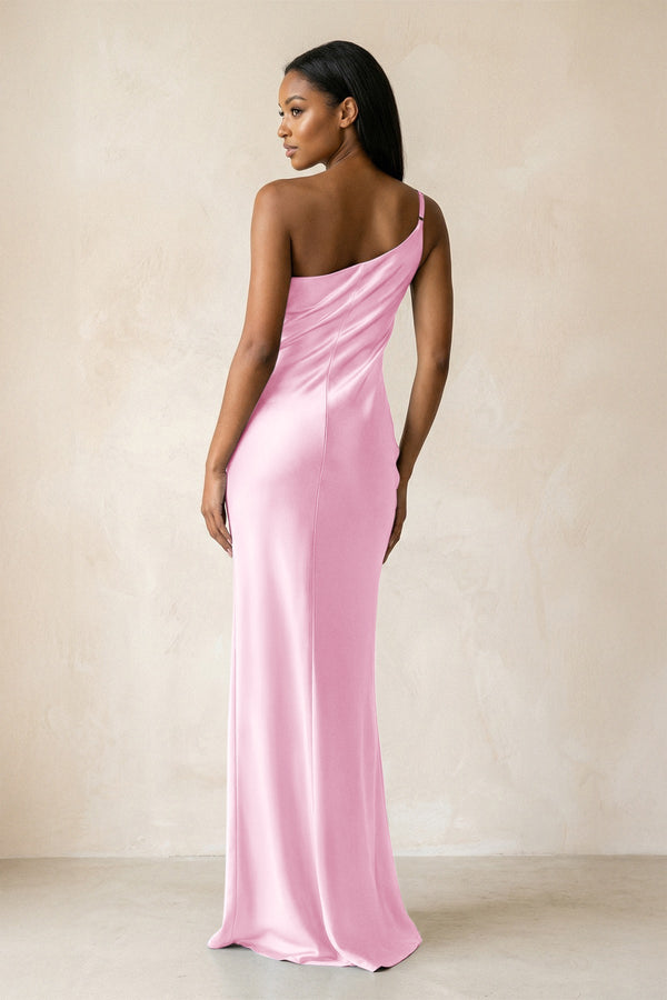 One - Shoulder Sheath Ruched Bridesmaid Dress in Pink - KISS BRIDAL Bridesmaid Dresses