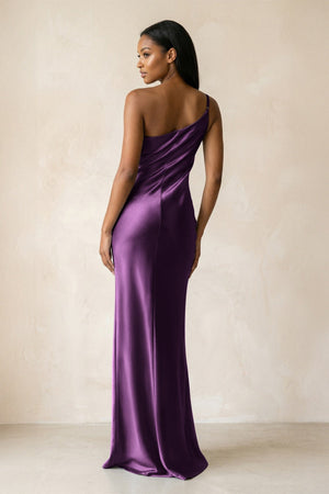 One - Shoulder Sheath Ruched Bridesmaid Dress in Plum - KISS BRIDAL Bridesmaid Dresses