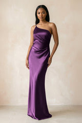 One - Shoulder Sheath Ruched Bridesmaid Dress in Plum - KISS BRIDAL Bridesmaid Dresses