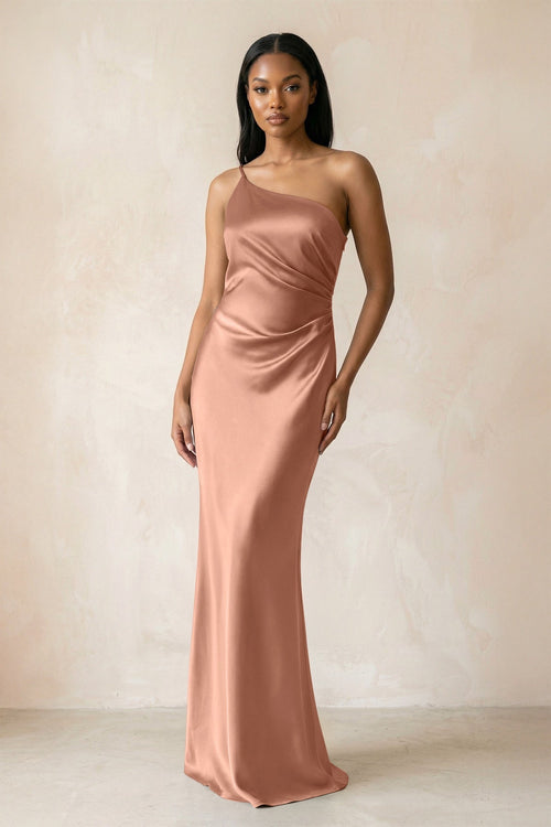 One - Shoulder Sheath Ruched Bridesmaid Dress in Rosette - KISS BRIDAL Bridesmaid Dresses