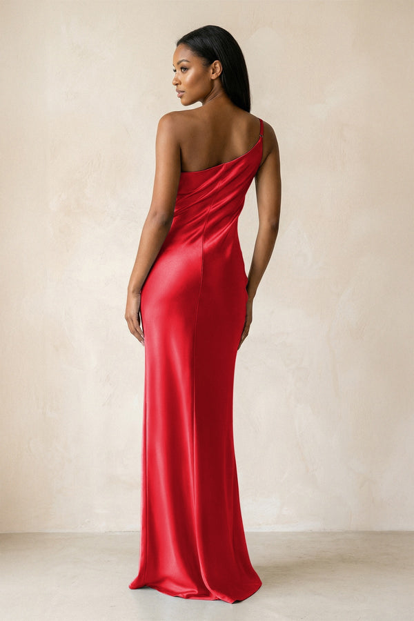 One - Shoulder Sheath Ruched Bridesmaid Dress in Ruby Red - KISS BRIDAL Bridesmaid Dresses