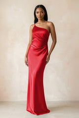 One - Shoulder Sheath Ruched Bridesmaid Dress in Ruby Red - KISS BRIDAL Bridesmaid Dresses
