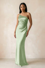 One - Shoulder Sheath Ruched Bridesmaid Dress in Sage - KISS BRIDAL Bridesmaid Dresses