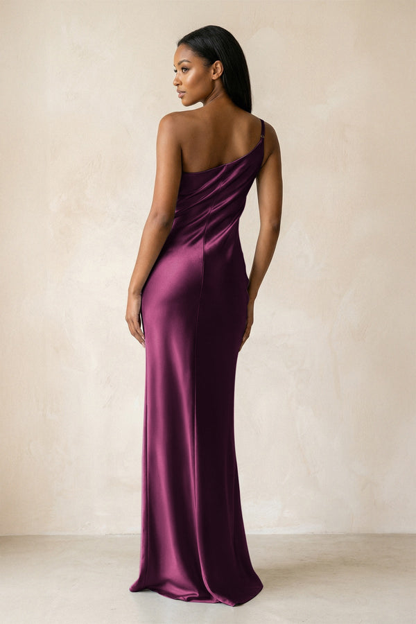 One - Shoulder Sheath Ruched Bridesmaid Dress in Sangria - KISS BRIDAL Bridesmaid Dresses