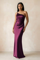 One - Shoulder Sheath Ruched Bridesmaid Dress in Sangria - KISS BRIDAL Bridesmaid Dresses