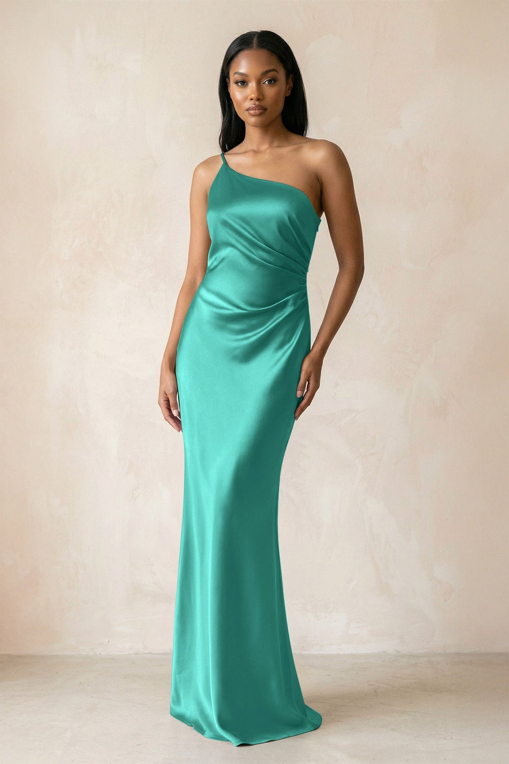 One - Shoulder Sheath Ruched Bridesmaid Dress in Sea Glass - KISS BRIDAL Bridesmaid Dresses