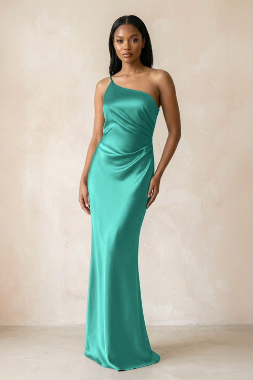 One - Shoulder Sheath Ruched Bridesmaid Dress in Sea Glass - KISS BRIDAL Bridesmaid Dresses