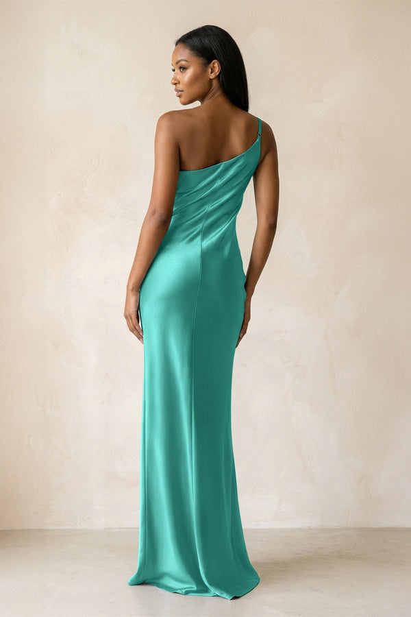 One - Shoulder Sheath Ruched Bridesmaid Dress in Sea Glass - KISS BRIDAL Bridesmaid Dresses