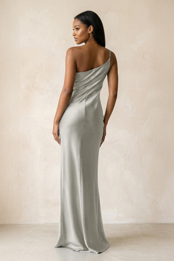 One - Shoulder Sheath Ruched Bridesmaid Dress in Silver - KISS BRIDAL Bridesmaid Dresses