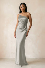 One - Shoulder Sheath Ruched Bridesmaid Dress in Silver - KISS BRIDAL Bridesmaid Dresses