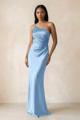 One - Shoulder Sheath Ruched Bridesmaid Dress in Sky Blue - KISS BRIDAL Bridesmaid Dresses