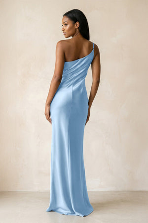 One - Shoulder Sheath Ruched Bridesmaid Dress in Sky Blue - KISS BRIDAL Bridesmaid Dresses