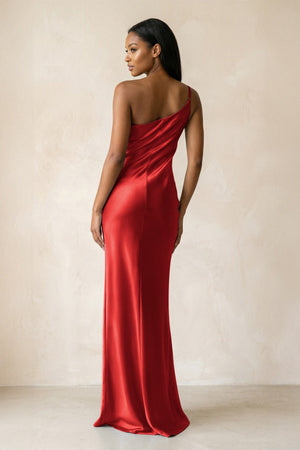 One - Shoulder Sheath Ruched Bridesmaid Dress in Spice - KISS BRIDAL Bridesmaid Dresses
