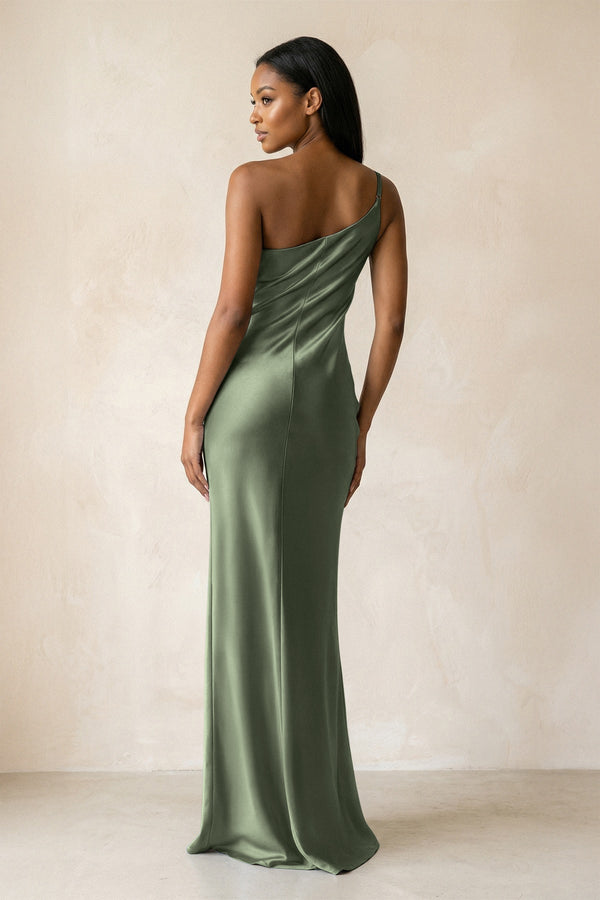 One - Shoulder Sheath Ruched Bridesmaid Dress in Thyme - KISS BRIDAL Bridesmaid Dresses