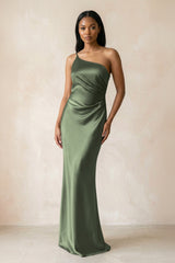 One - Shoulder Sheath Ruched Bridesmaid Dress in Thyme - KISS BRIDAL Bridesmaid Dresses