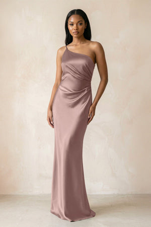 One - Shoulder Sheath Ruched Bridesmaid Dress in Toffee - KISS BRIDAL Bridesmaid Dresses