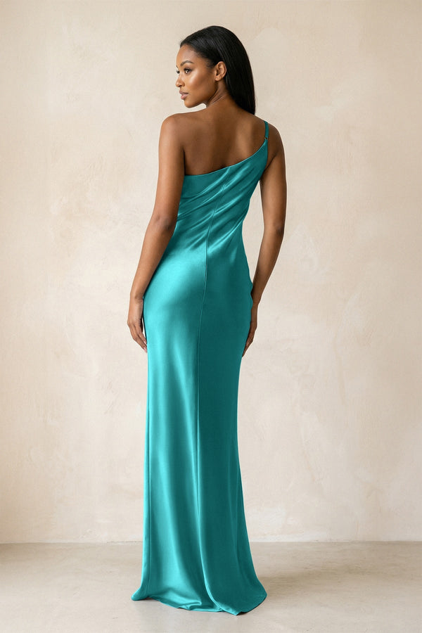 One - Shoulder Sheath Ruched Bridesmaid Dress in Turquoise - KISS BRIDAL Bridesmaid Dresses