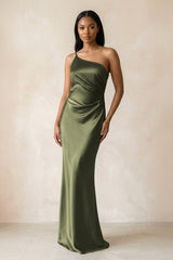 One - Shoulder Sheath Ruched Bridesmaid Dress in Willow Green - KISS BRIDAL Bridesmaid Dresses